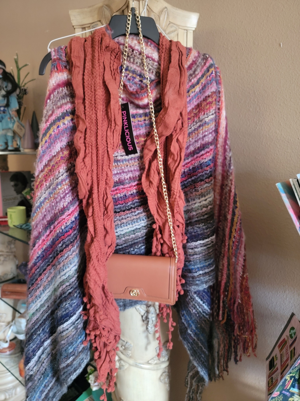 Pinklicious Multicolor Knit Poncho with Rust Accent Scarf